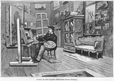 「哀悼の寄稿者Charles Daubignyのスタジオ」、「Le Monde Illustre」のイラスト、1092年、1878年3月3日 作： French School